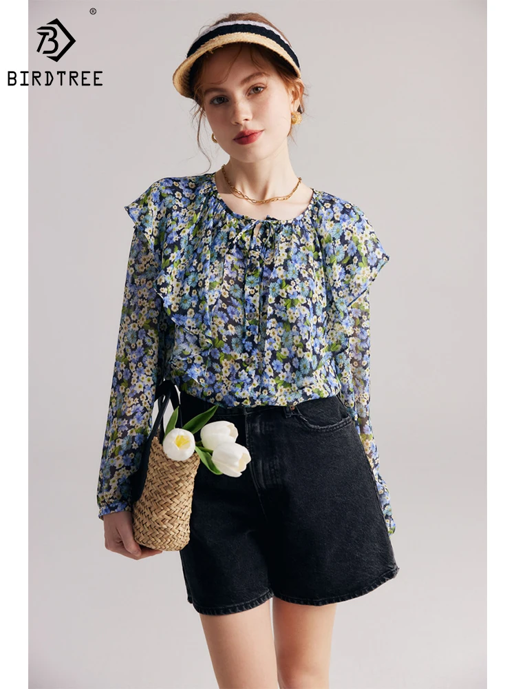 

Birdtree Women Floral Blouses 100%Real Silk 6A Silk 8MM Ruffles Round Collar Printed Blue Shirts 2023 Casual Top T38143QD