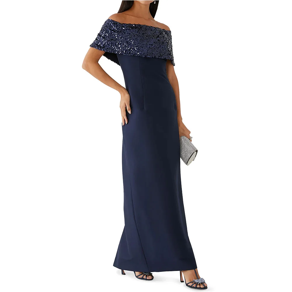 

Elegant Navy Women's Evening Dress Sheath Formal Party Gown Ankel Length Off The Shoulder Prom Dress Sleeveless Saudi Dress