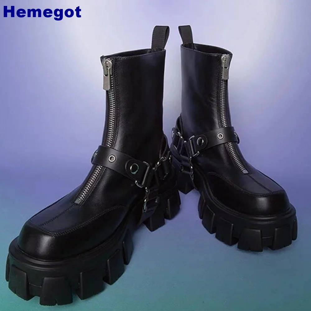 

Platform Round Toe Motorcycle Boots 2024 New British Style Punk Rock Street Knight Boots Black Zip Thick Heel Fashion Lady Boots