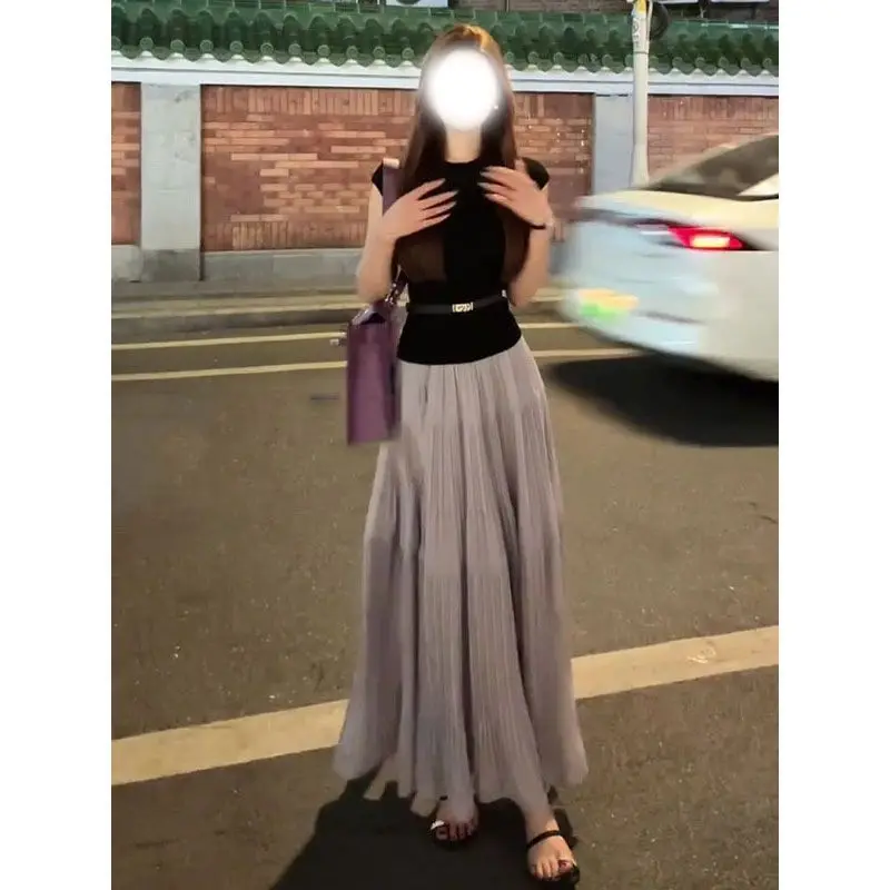 

Весна-лето 2023, новый эластичный облегающий круглый трикотажный топ с высокой талией, универсальный комплект фиолетовой юбки