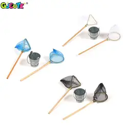 1Set 1:12 Dollhouse Miniature Fishing Net Rod with Small Iron Bucket Model Life Living Scene Decor Outdoor Sports Toy For Doll