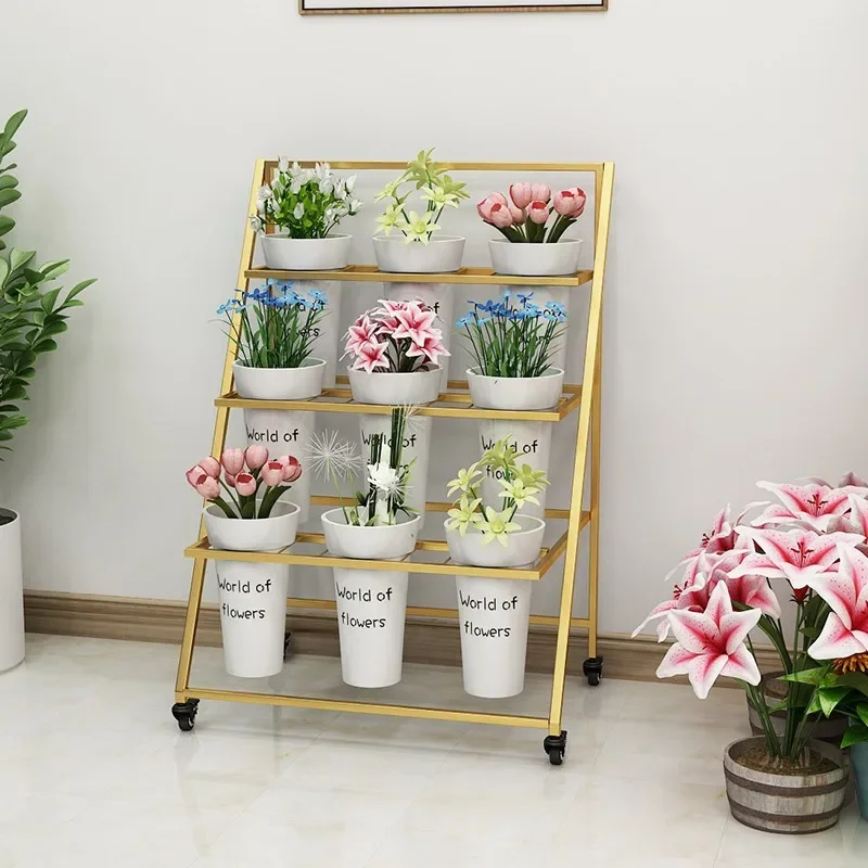 Stall folding movable ladder multi-layer flower stand wrought iron lower bucket display