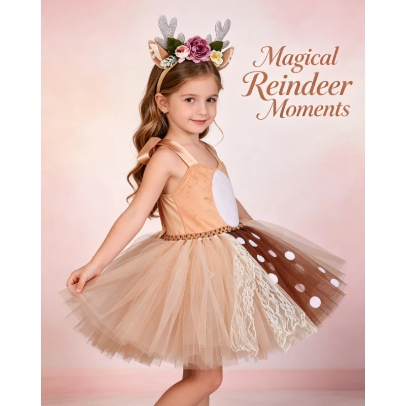 Girl Elk Deer Fairy Dress Christmas Party Costume Kids Stage Performance Outfit Festival Role Play Casual Wear Match Accessories