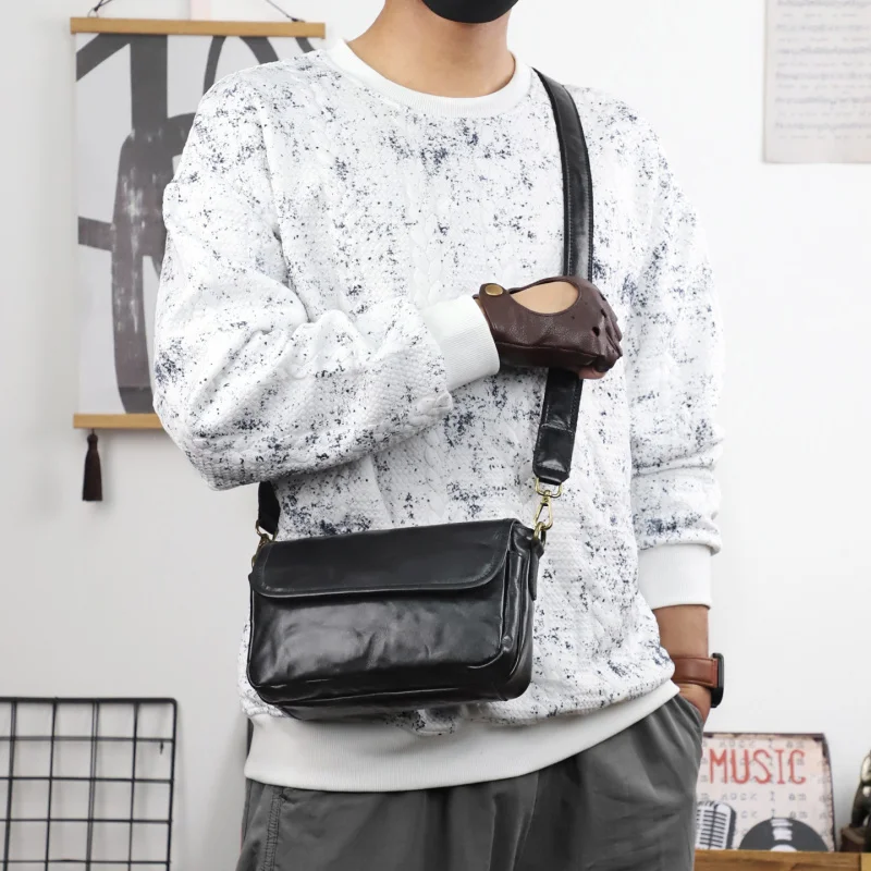 Genuine Leather Men'S Crossbody Small Bag, Top Layer Vegetable-Tanned Cowhide, Trendy Brand Neutral And Niche Style Single