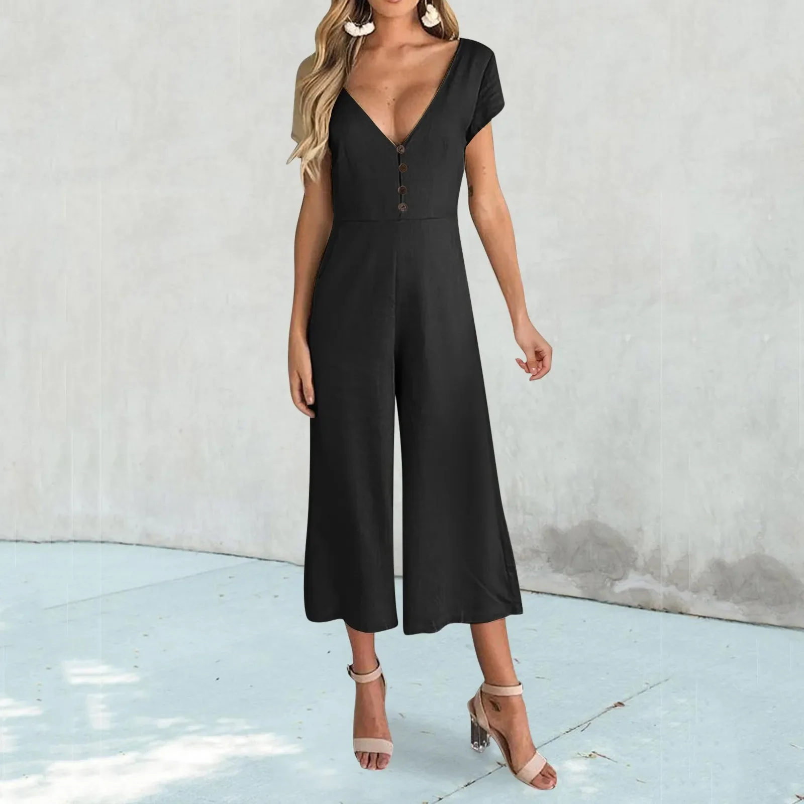 

Women Loose Jumpsuit Summer Casual Wide Leg Pants Elegant Solid Overalls Sleeveless Pocket Jumpsuits Office Women's Trousers