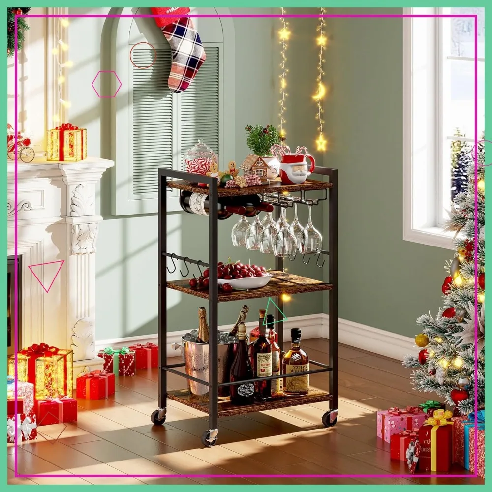 

3-Tier Rolling Bar Cart with Wine Rack and Glass Holder for Home Living Room in Brown
