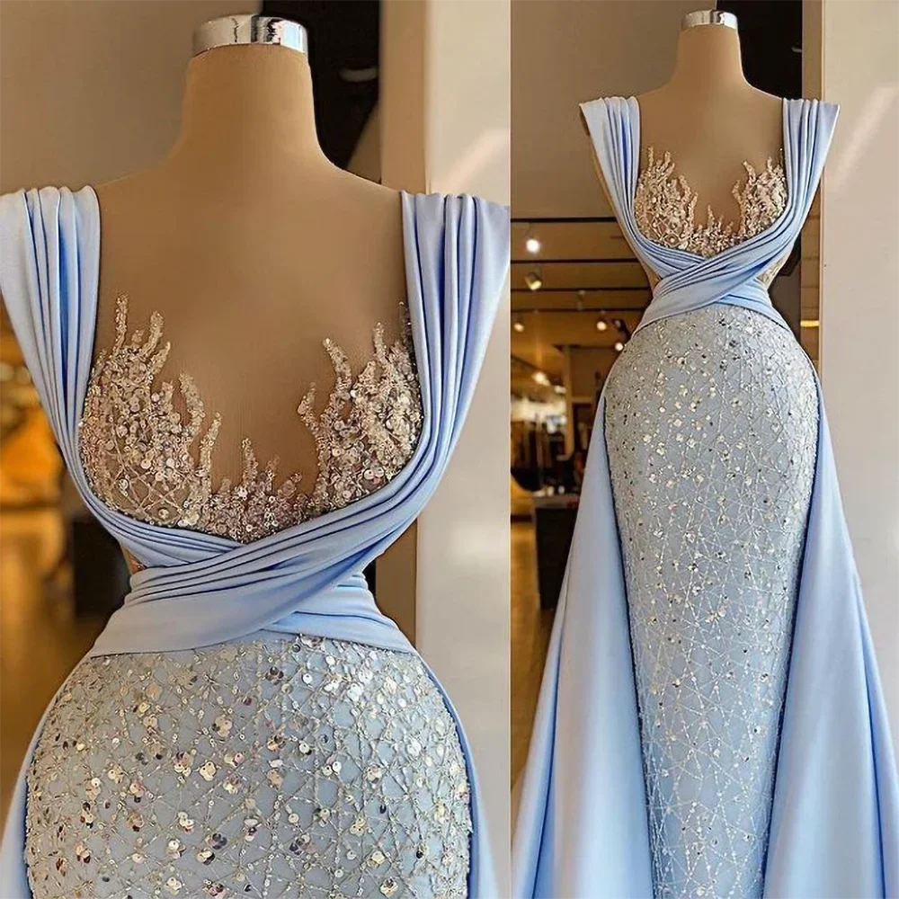 Luxury Criss-Cross Sequined Formal Evening Dress Exquisite Pleat Satin Sheath Gowns Chic Floor Length Party Prom Dress 2023