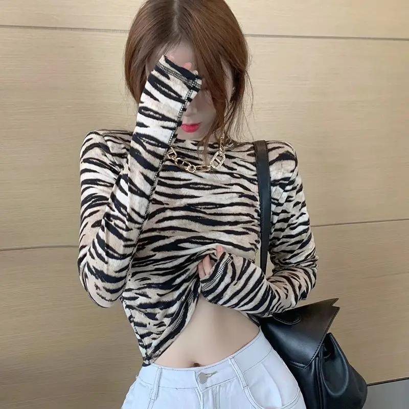 

Zebra Print Slim Thin Long-sleeved T-shirt Women Autumn New Versatile Striped Design Bottoming Shirt Y2k Tops Female