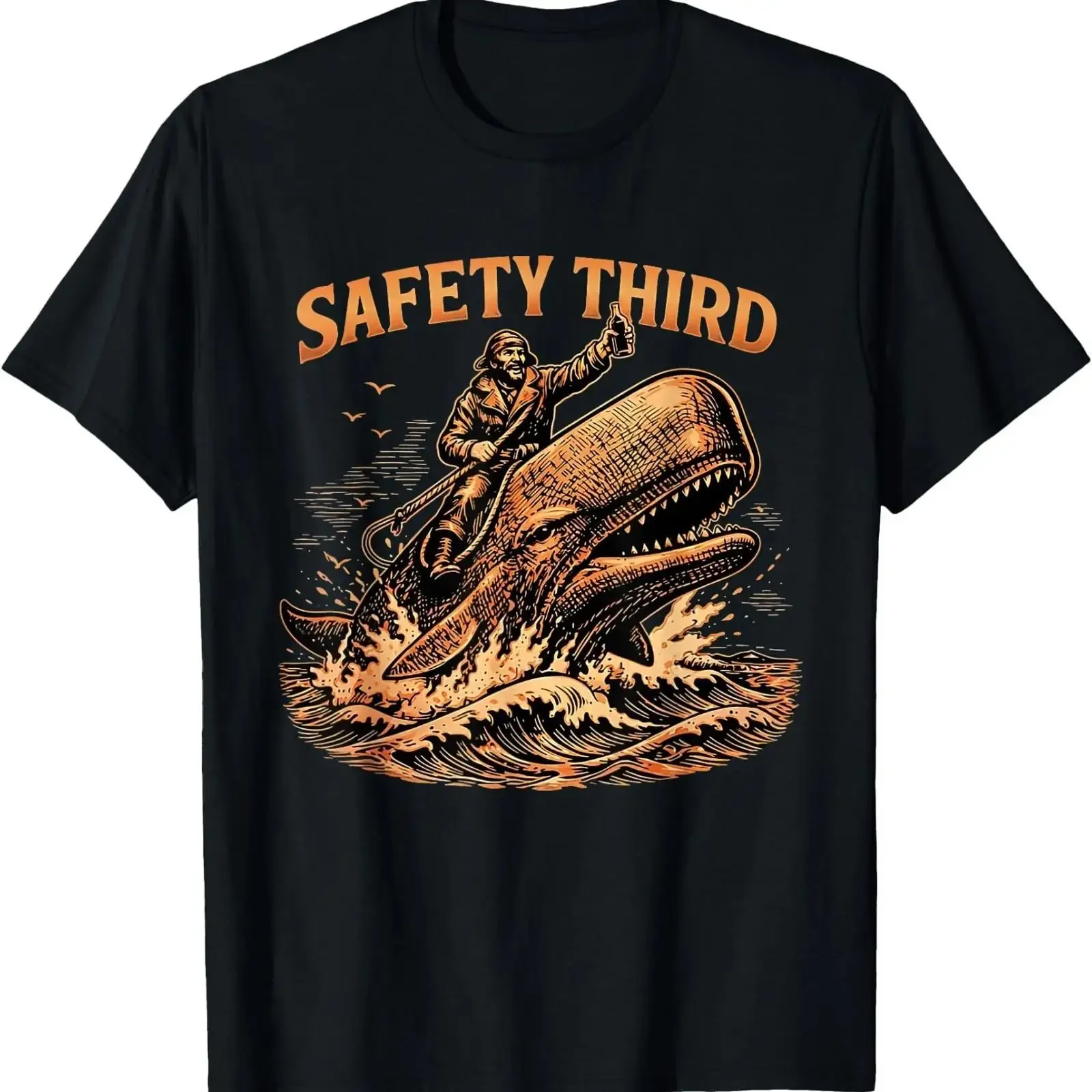 Safety Third Funny Sarcastic Nautical Whale Rider Joke T Shirt vintage Washed Casual Stretched Unisex Comfortable homme