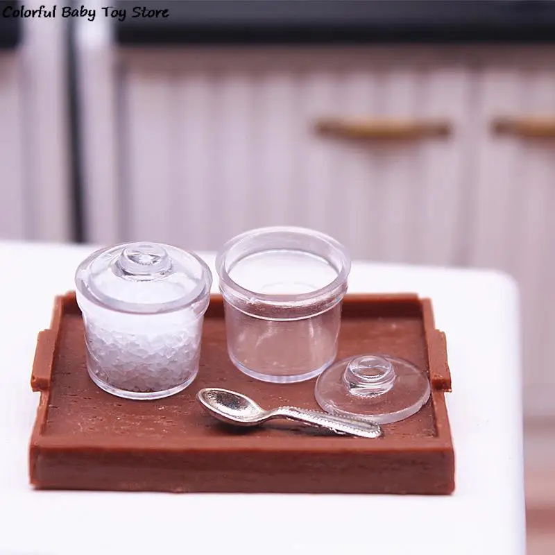 Botellas de azúcar de vidrio en miniatura para casa de muñecas, 2 piezas, 1:12, tarro de condimentos de especias con cubierta, modelo de juguete para Decoración de cocina