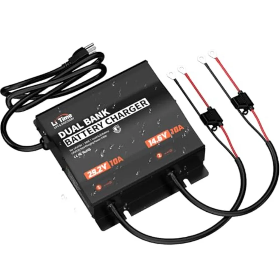 

LiTime 2-Bank 12 В 24 В 10 А Зарядное устройство для литиевых батарей IP65 Водонепроницаемое интеллектуальное зарядное устройство переменного и постоянного тока для аккумуляторов LiFePO4 12,8 В/25,6 В с Adju