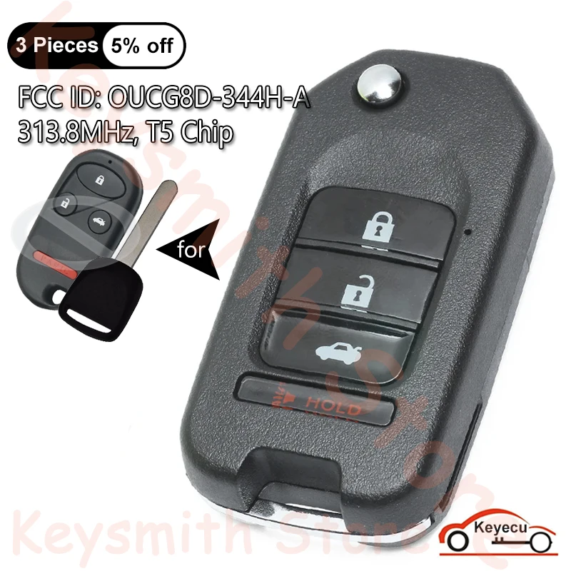 

KEYECU 4 Buttons 313.8MHz T5 Chip for Honda CR-V 2002 2003 2004 Auto Upgraded Flip Remote Control Key Fob FCC ID: OUCG8D-344H-A