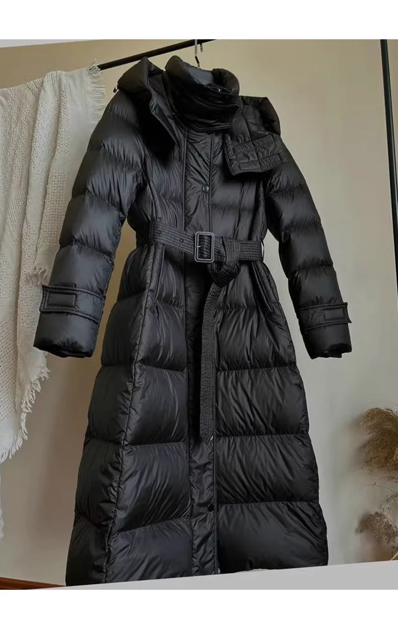 سترة شتوية طويلة رفيعة الخصر، معطف سميك أسود بقلنسوة، معاطف بينغهو النسائية الراقية 90% بطة بيضاء #2
