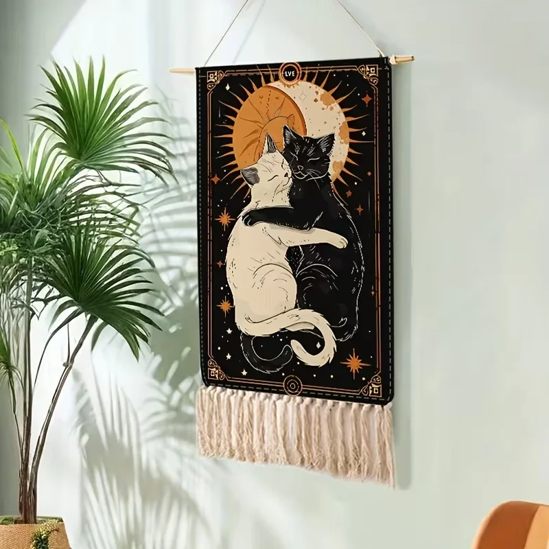 One fringed tapestry, made of imitation fabric that can be washed, featuring a cat pattern for bedroom decoration.