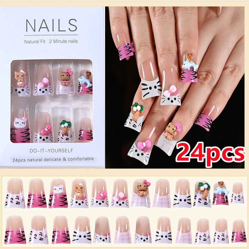 24 Uds 3D HelloKitty/árbol de coco corto pico de pato prensa en uñas cubierta completa bronceado Kitty uñas postizas Y2K arco KT pico de pato uñas postizas