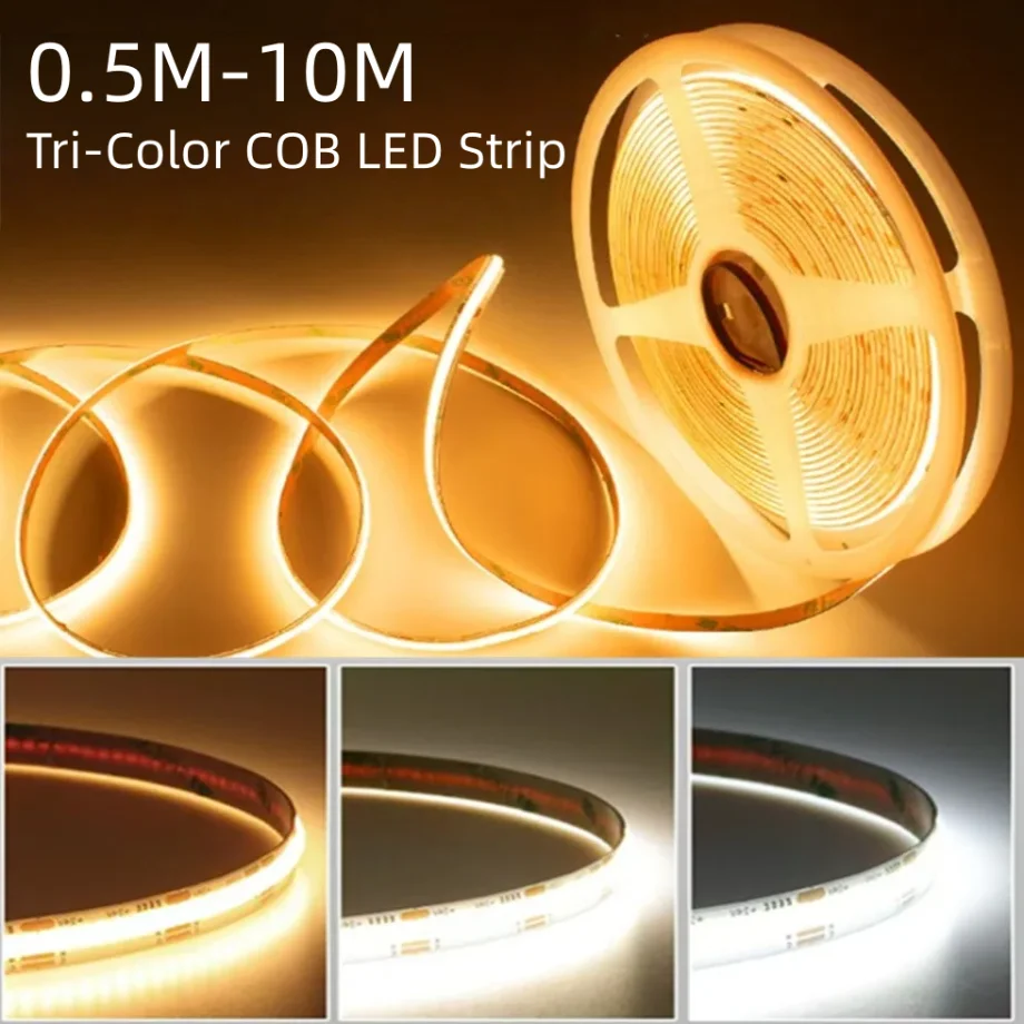 High Density 480LED/m 8mm Width Flexible LED Tape Cuttable 0.5‑10m Smart Dimmable Tri‑Color COB LED Strip for TV Wall Decoration