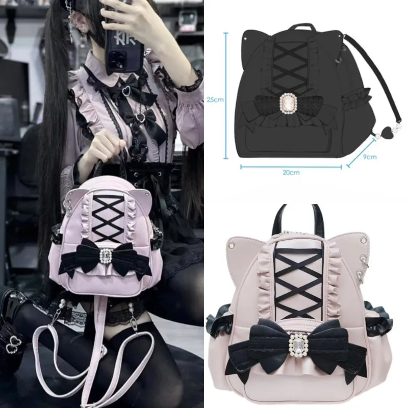 

Bow Y2K Ribbon Backpack Itabag Japan PU Kawaii Mine Lace Cat Ear Backpack Zipper Student Waterproof Large Capacity Backpack New