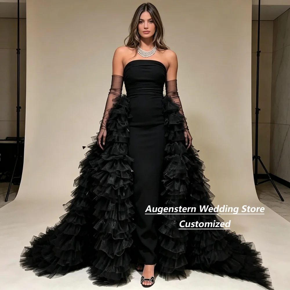 Customized Black Strapless Evening Dress Stretch Satin With Multi Layer Ruffled Glitter Tulle Evening Dresses For Women