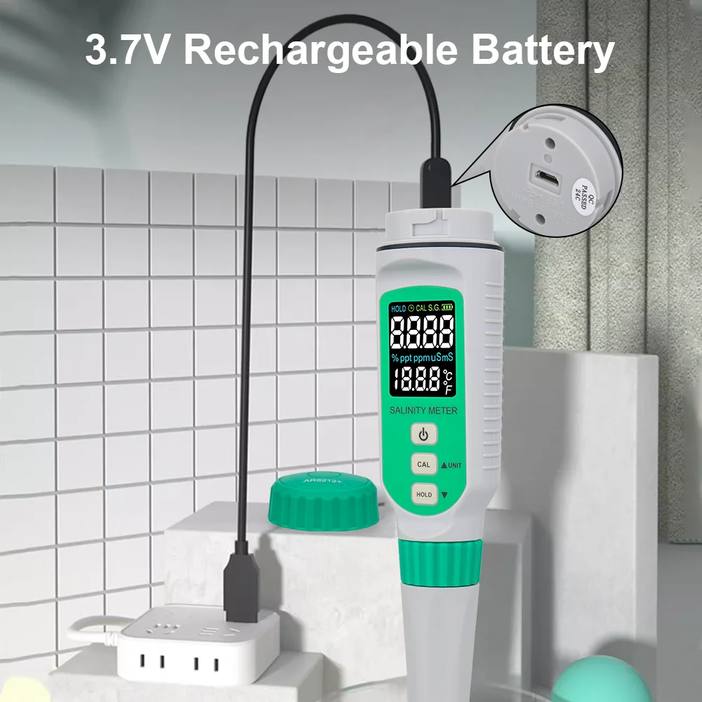 Digital Salinity Meter for Water Quality Testing Rechargeable Salt Content Tester for Beverages Seawater Halometer Salinometer