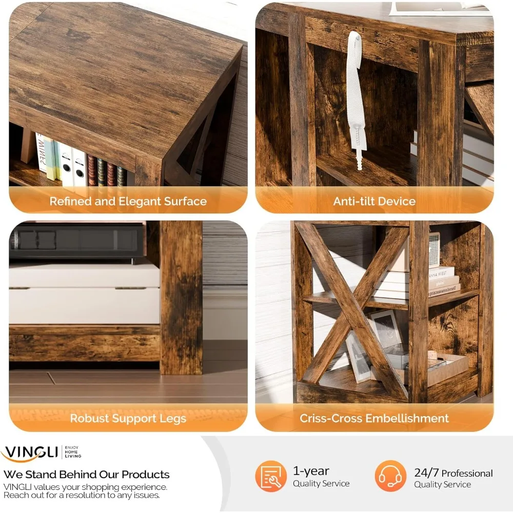 مركز ترفيه على طراز المزرعة مع مدفأة كهربائية وأرفف قابلة للتعديل لأجهزة التلفاز مقاس 70 بوصة #5