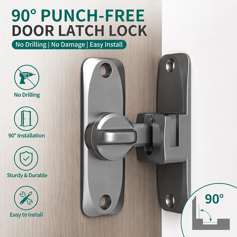 

No-Drill 90°Barn Door Lock Latch Sliding Door Buckle Security Bolt for Push-Pull Barn Doors Anti-Theft Door Catch