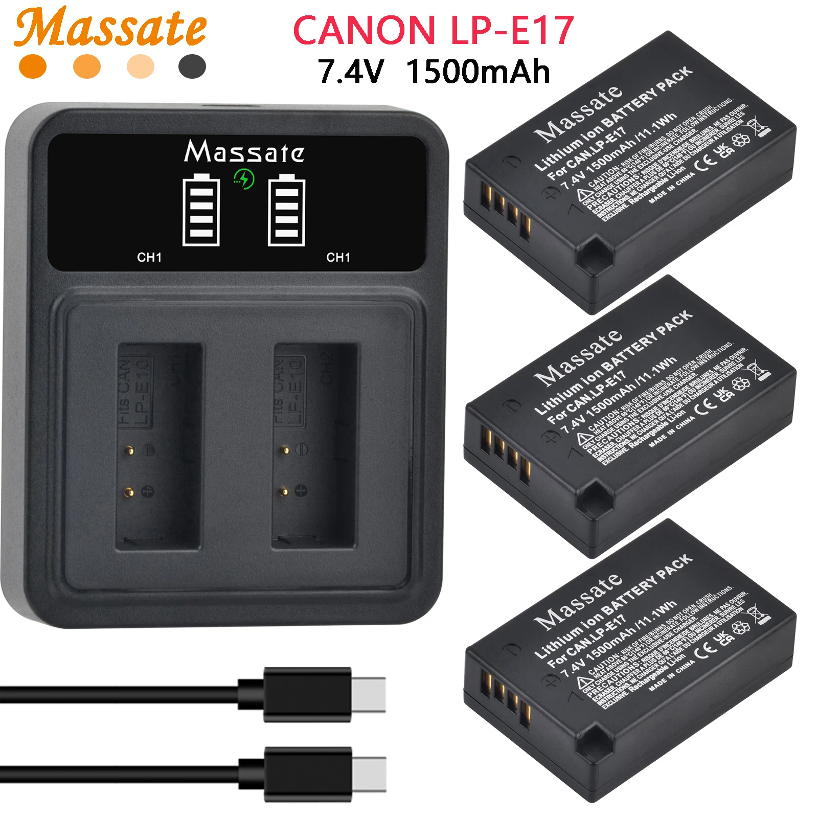 Massate LP-E17 LPE17 LP E17 Battery +USB Dual Charger for Canon EOS R8 RP R50 200D 250D M3 M5 M6 750D 760D T6s 800D T8i Kiss X8i