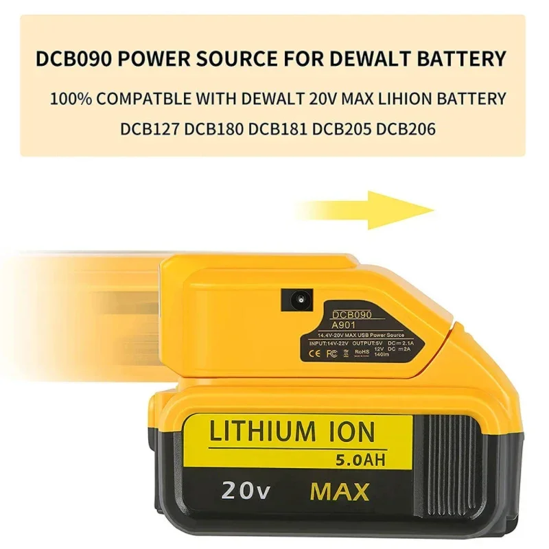 DCB090 Power Source Converter for Dewalt, substituição original, 18V, 20V adaptador de bateria com Dual USB, DC 12V, LED Work Light