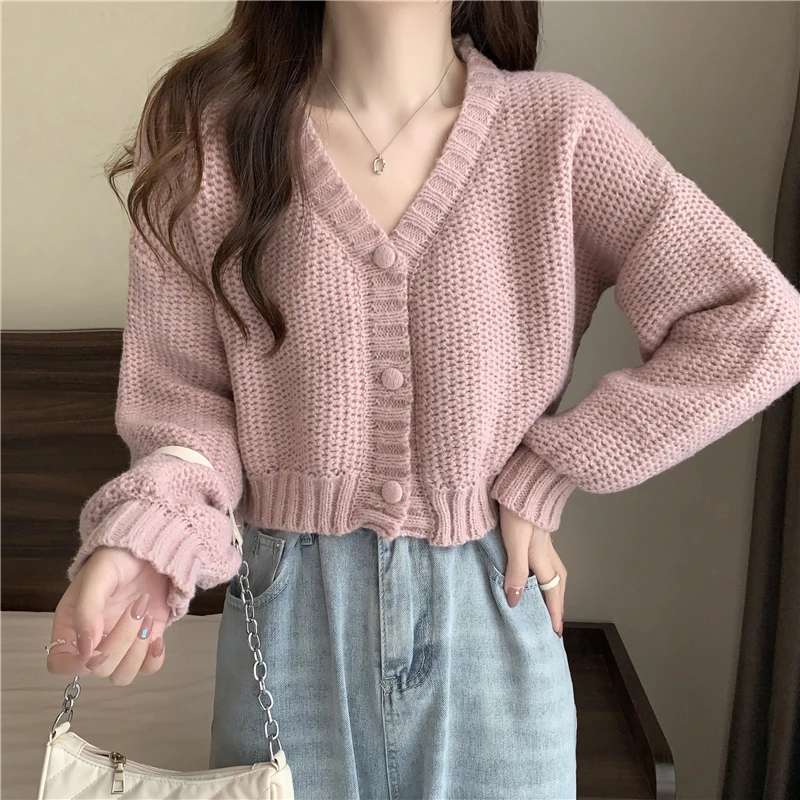 Cropped Boxy Button-Up Cardigan Sweater Women\'s Long Sleeve Plain Knitted Jacket Teen-girl Fall Winter Y2K 90s Outfit