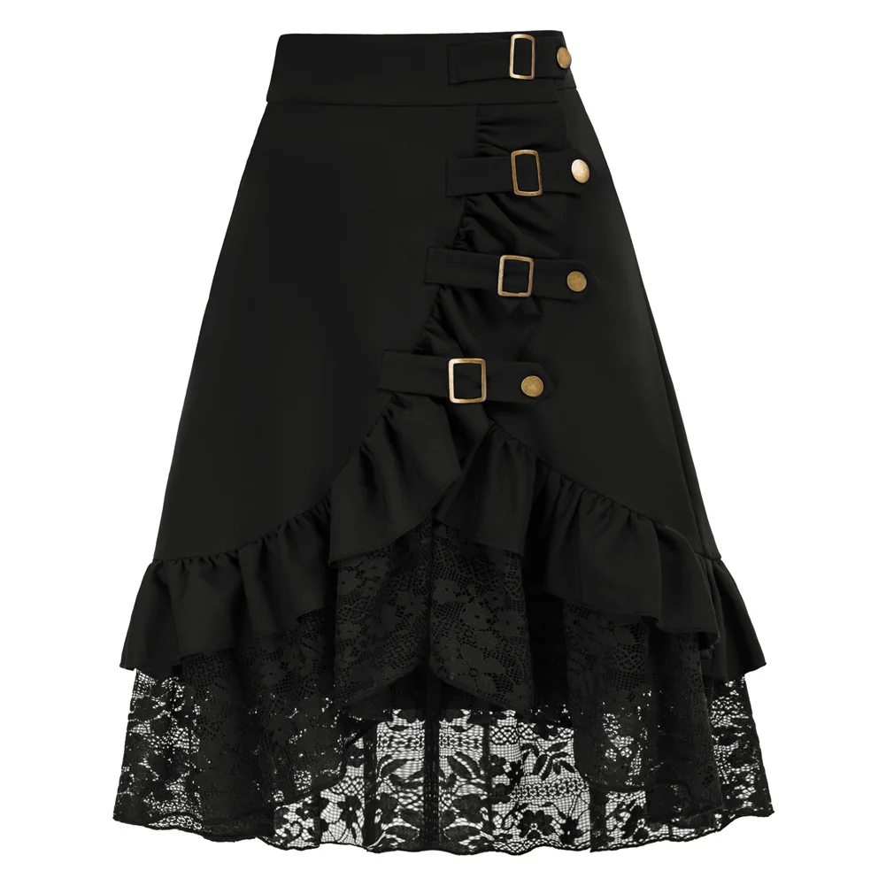 

BP Women Skirts Vintage Renaissance Dual Layer Ruffled Hem Gothic High Waist Snap-Button Knee Buckles Decorated A-Line Skirt