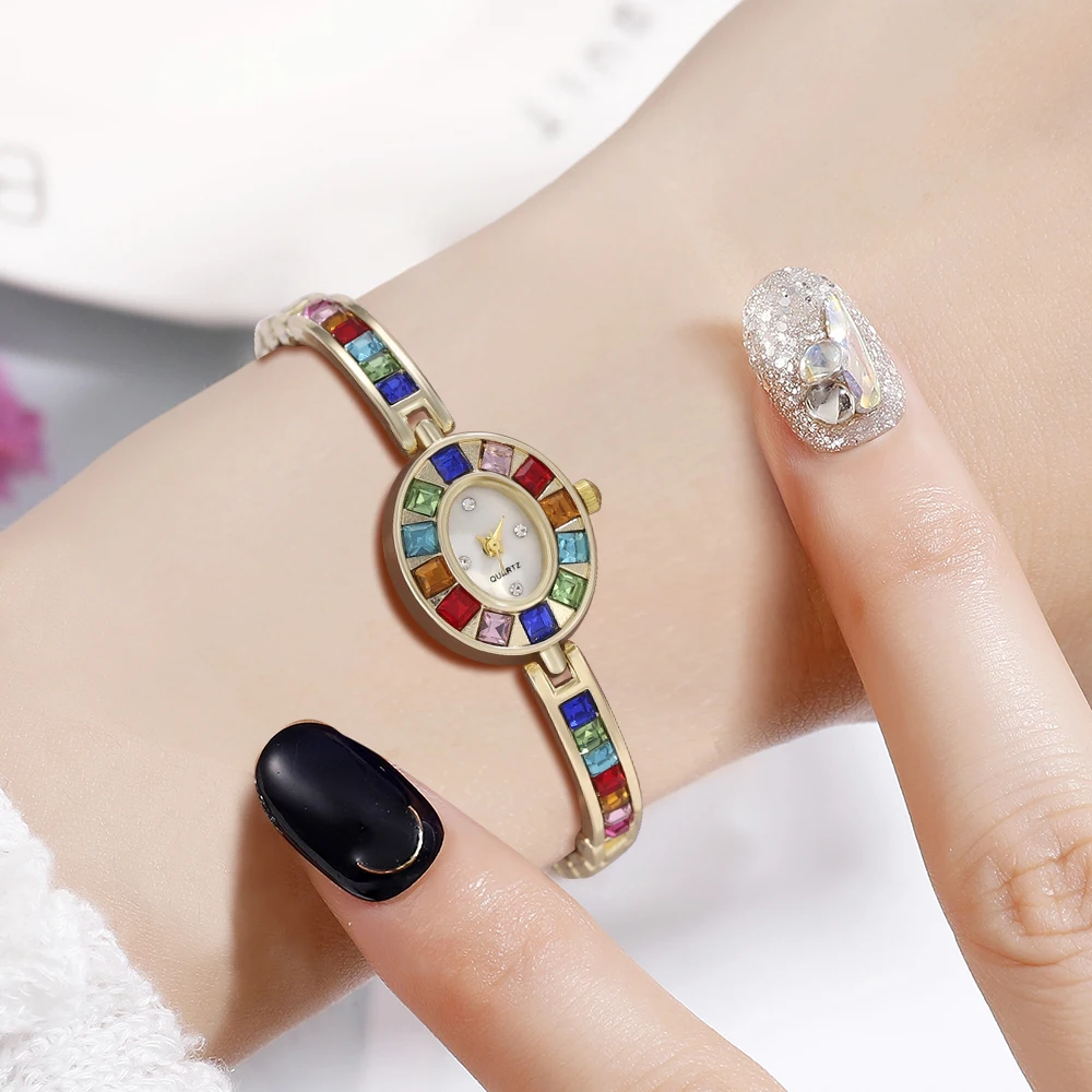 Elegant Metallic Quartz Women Watch With Colorful Rhinestones Ideal Present For Valentine Easter Special Occasions  Celebrations