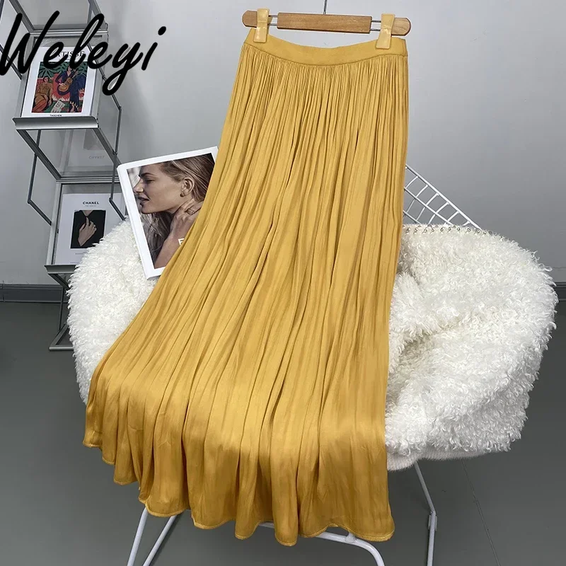 Simulation Silk Acetic Yellow Long Skirt Women's Summer High Waist Thin Pleated A-word Skirt Temperament high waist Long Skirts