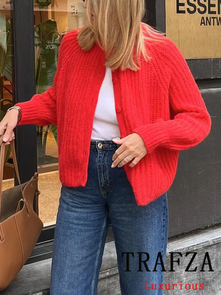 TRAFZA Vintage Casual Chic sweter damski jednolity, dekolt w kształcie litery "o", jednorzędowe swetry rozpinane z długim rękawem moda 2024, swetry jesienno-zimowe