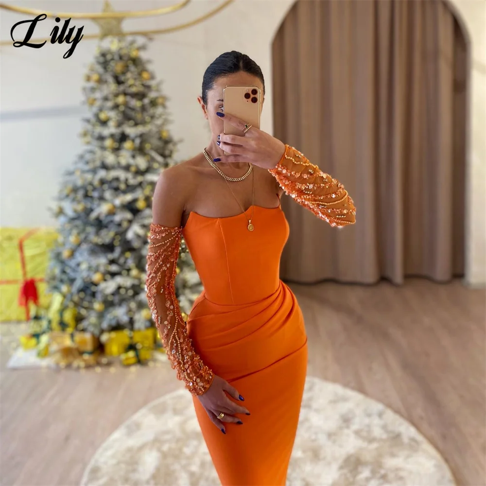 Lily Orange Evening Dress Sweetheart Prom Dress Sheath Ruched Mermaid Satin Party Dress Detachable Chic Long Sleeves 프롬드레스