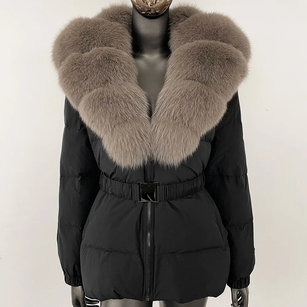 

Real Fur Coat Winter 2024 New Duck Down Thick Warm Women Puffer Jacket with Belt Casual Natural Fox Fur Collar Outerwear Fashion