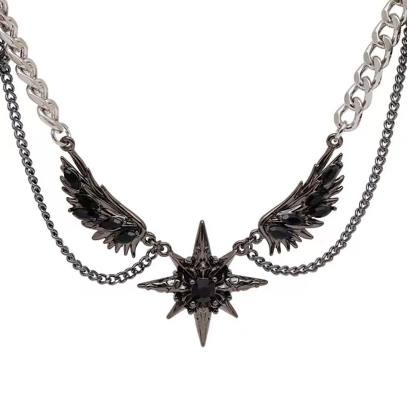 1 Punk Dark Wing Starry Pendant Necklace, Women's Gothic Y2k Halloween Collarbone Chain