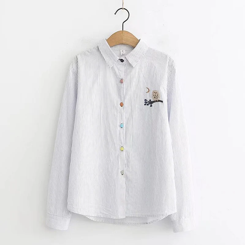 Casual Sweet Stripe Embroidery Long Sleeved White Shirt Women Turn Down Collar Cotton Colorful Button Female Blouse Tops U261