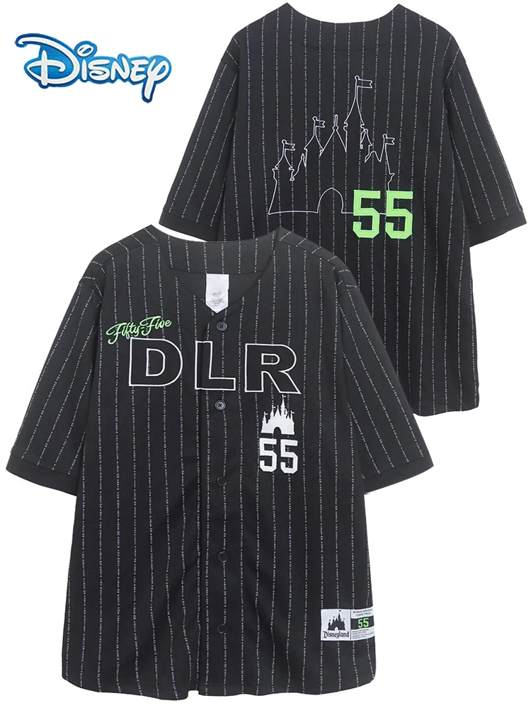 

Disneyland Castle Walt Disney World Letter Print Embroidery Women V-Neck Single-breasted Baseball Jersey Quick-dry Striped Tops
