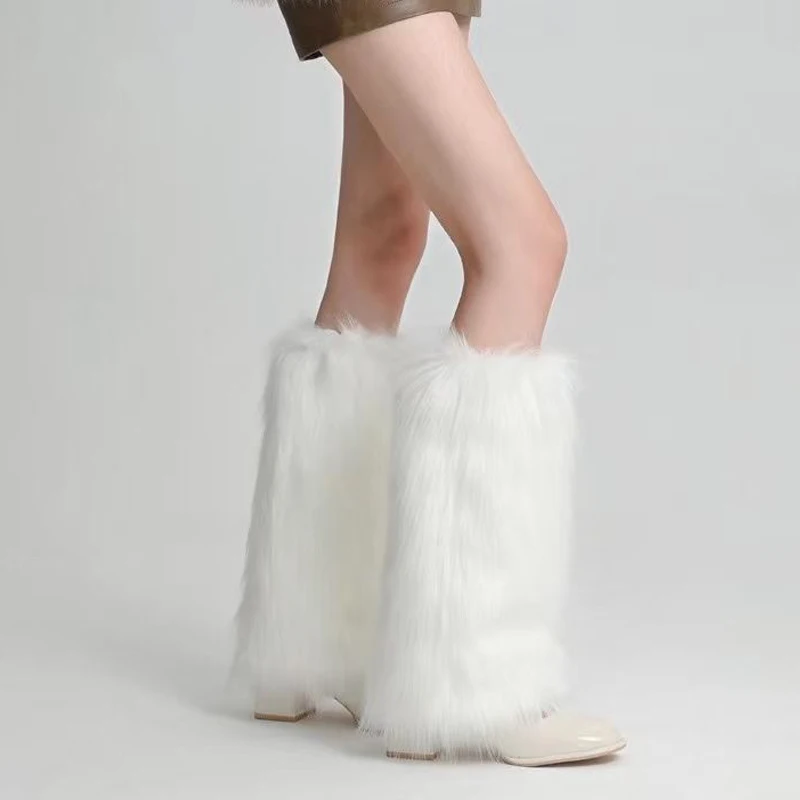 Y2K Furry Leg Warmers Goth White Faux Fur Leg Warmers Boot Covers Lady Cute Fashion Jk Knee-length Socks Hipster Warm Sock