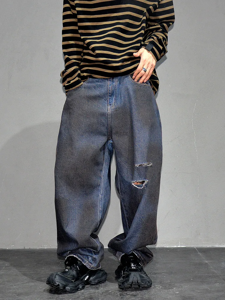 

Мужские джинсы в винтажном стиле Street Wasteland с эффектом потертости, модные рваные свободные прямые джинсовые брюки