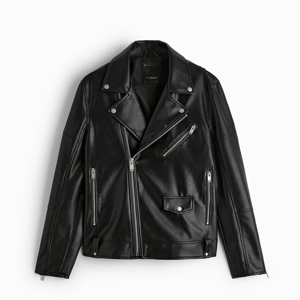 Men's Autumn New Fashion Lapel Zipper Casual PU Leather s , Frontal Asymmetrical Design Leather Biker