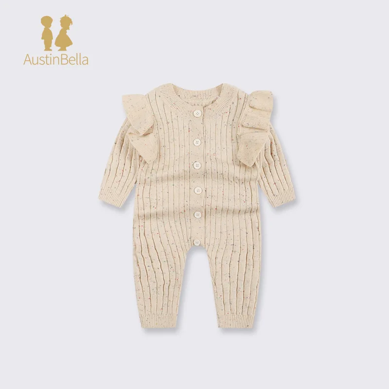 Knitted Ruffled Button Up Long Sleeve Jumpsuit Solid Color Long Sleeves Baby Rompers Toddlers Girls Outfit Newborn Baby Clothes