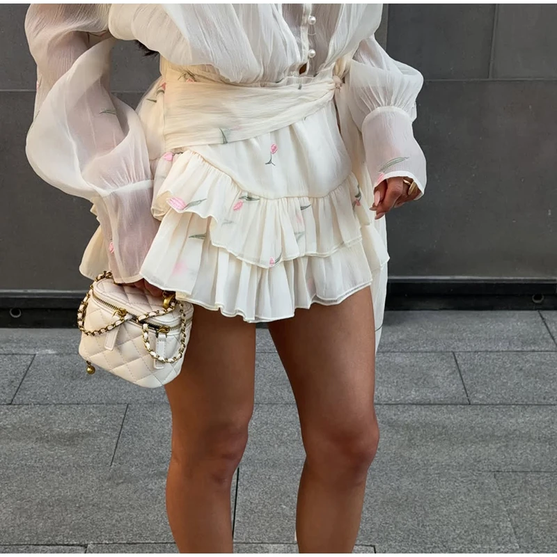 2026 Spring Summer Floral Embroidered Chiffon Wrap Tie Waist Ruffle Mini Dress Sheer V-Neck Romantic Feminine Women Date Vestido