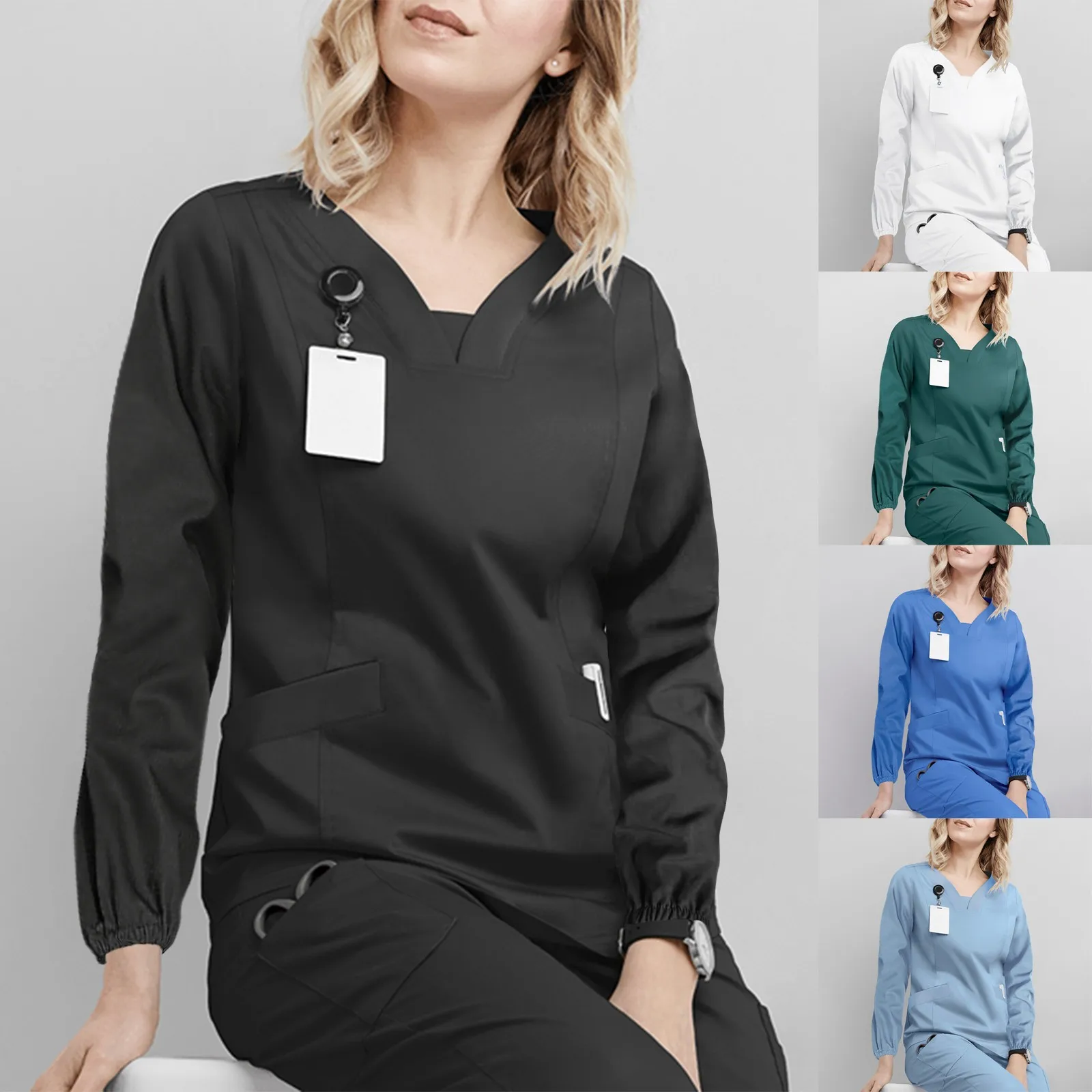 V-neck Workers Tops With Pocket Long Sleeve Solid Color Care Nurse Clothing Nurse And Surgeons Waterproof Isolation Clothing