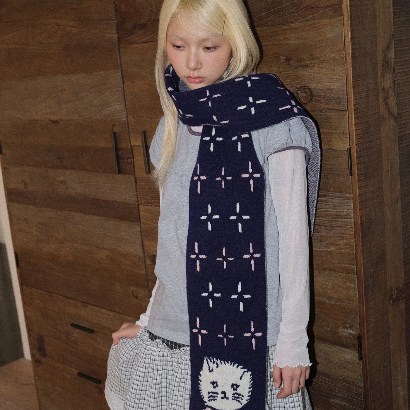 Cute Flower Kitten Knit Long Scarf Korean Ins Casual Cute Wool Blend Neck Warmer Outdoor Warm Trendy Neck Accessory