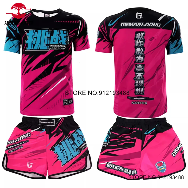 Muay Thai Shorts Boxing T Shirt Set Men Women MMA Match Competition Training Clothes Kickboxing Pants Martial Arts Uniform Pink