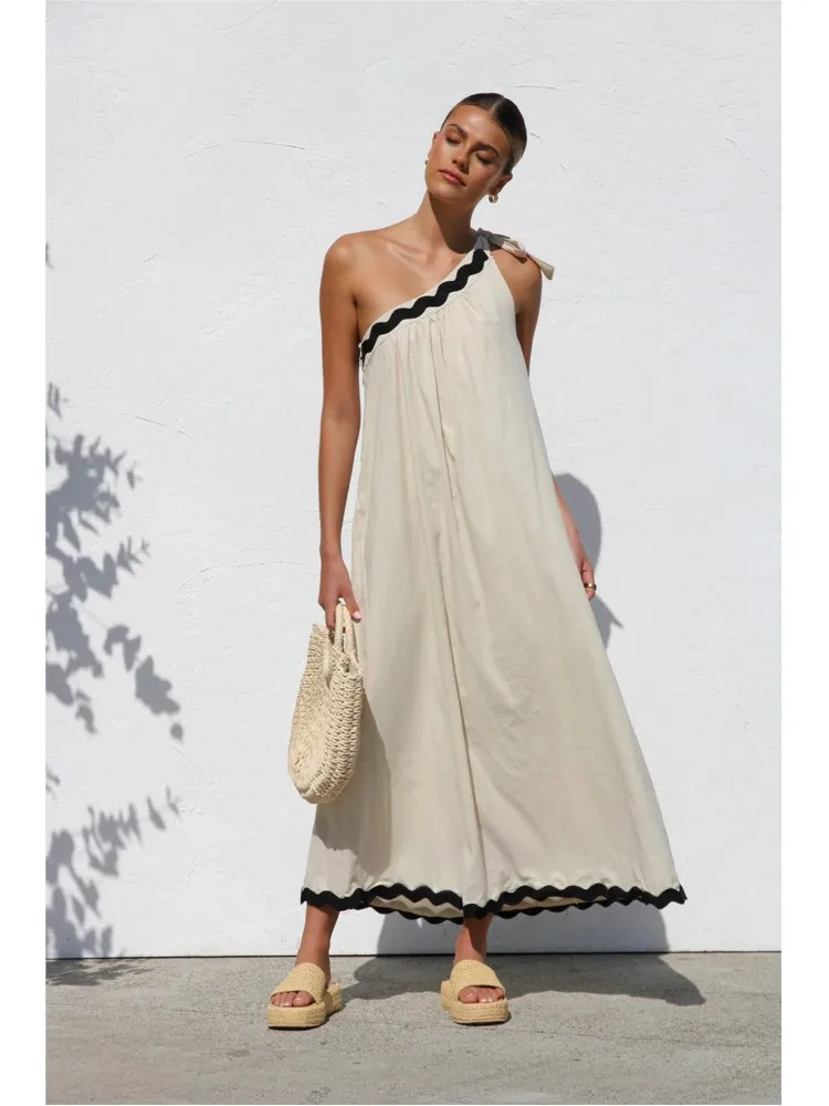 

Solid Color Casual Dress For Lady 2025 Summer New French With Sloping Shoulders Lace Up Temperament Vacation Style Long Vestidos