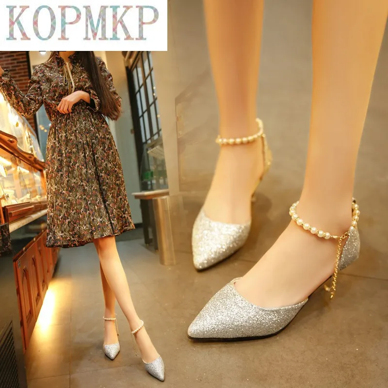 Sexy Pointed Toe Pearl wysokie obcasy buty kobiece moda Hollow z sandałami błyskotka cienkich oddychających butów kobiet pompy