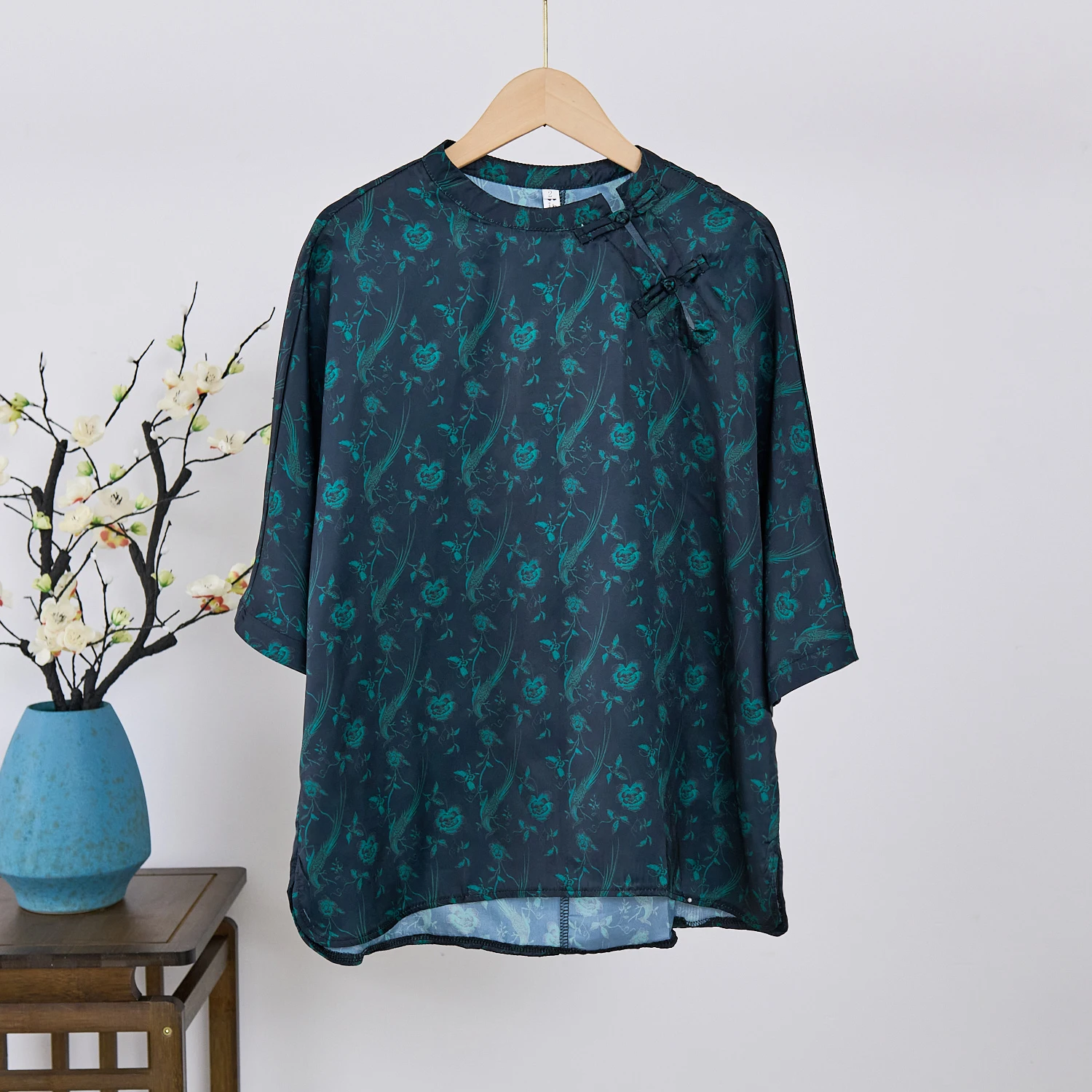 Chinese Style Imitation Silk Shirt Top Printing Bat Sleeve Shirts Loose Dark Green Buckle Short Sleeves Summer Women's Clothing