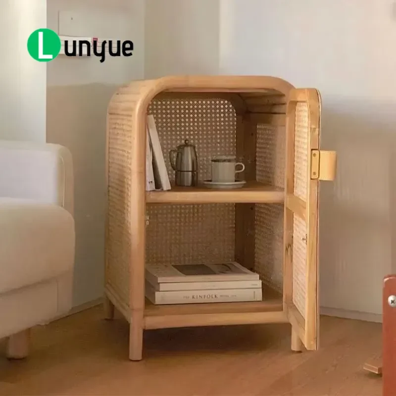 Modern Rattan Bedside Table Small Storage Locker for Living Room Bedroom Home Decor Furniture Space Saving Nightstand