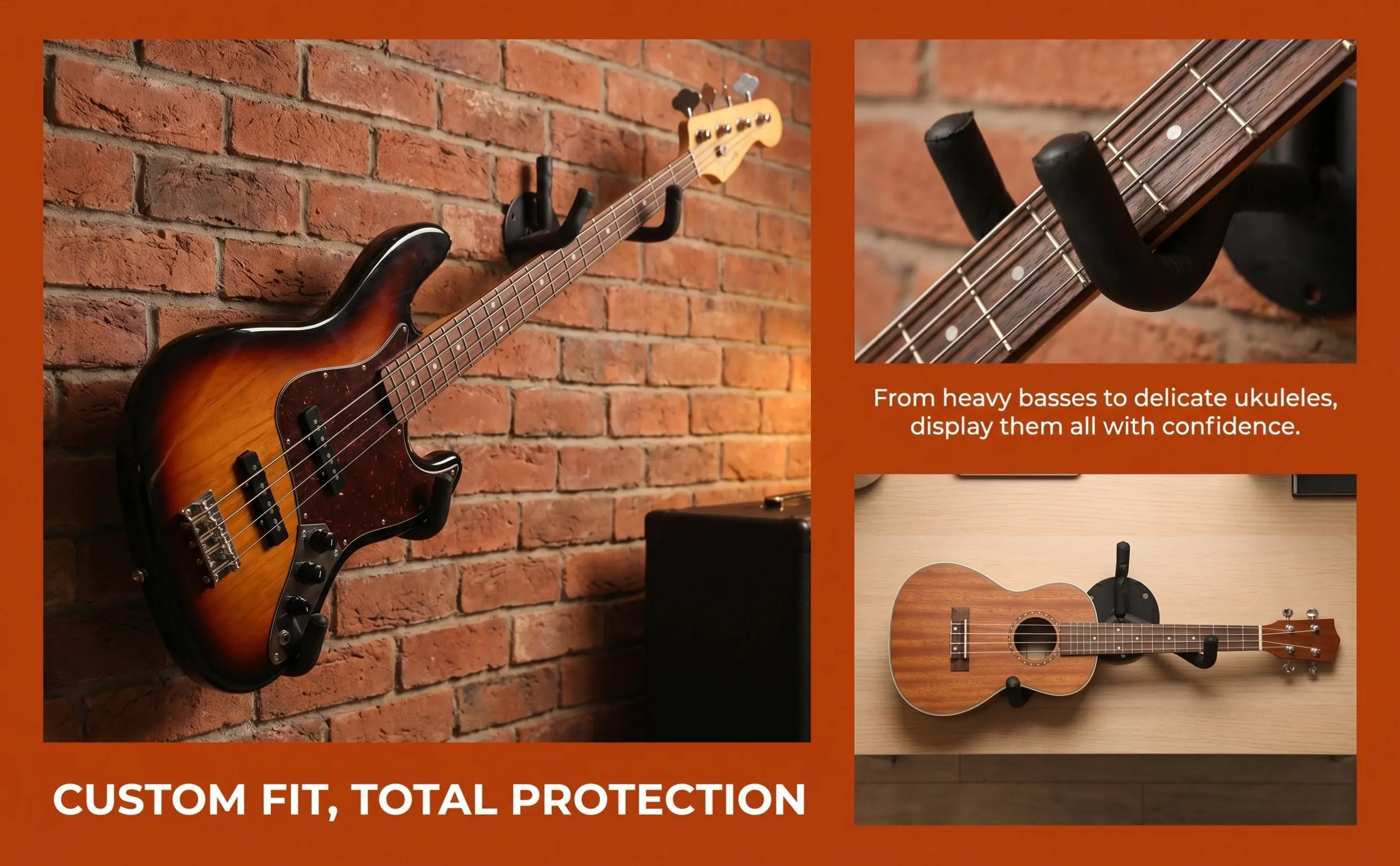 1Set Reinforced Metal Guitar Wall Mount Horizontal Hanger for Bass Ukulele Professional No Damage Display Rack Easy Install